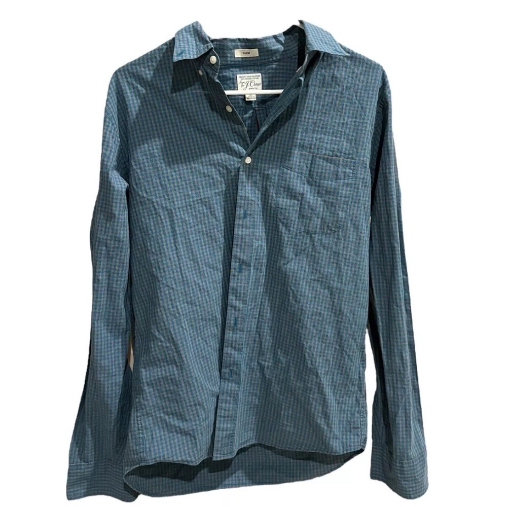 J Crew Slim Shirt Men Medium Turquoise Grey Button Long Sleeve